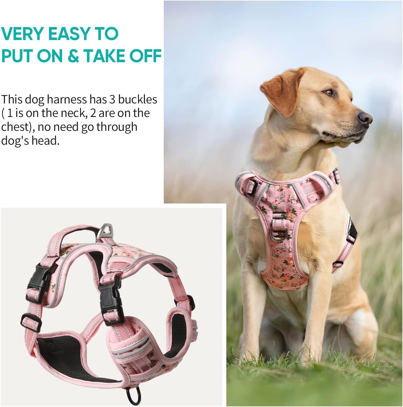 Timos No Pull Dog Harness,NO Need Go Over Dogs Head 3 Snap Buckles Reflective Oxford No Choke Puppy Harness with Front  Back 2 Metal Leash Clips Soft Padded Vest for Small Medium Large Dogs