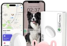 GPS Tracker for Dogs, Mini GPS Pet Tracker with Silicone Cover, IPX8 Waterproof GPS Tracker for Kids,No Monthly Fee,Work with Apple Find My(iOS Only),Dog Tracker Finder Tracker Pets-Pink(M15)