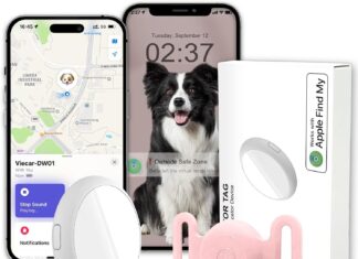 GPS Tracker for Dogs, Mini GPS Pet Tracker with Silicone Cover, IPX8 Waterproof GPS Tracker for Kids,No Monthly Fee,Work with Apple Find My(iOS Only),Dog Tracker Finder Tracker Pets-Pink(M15)
